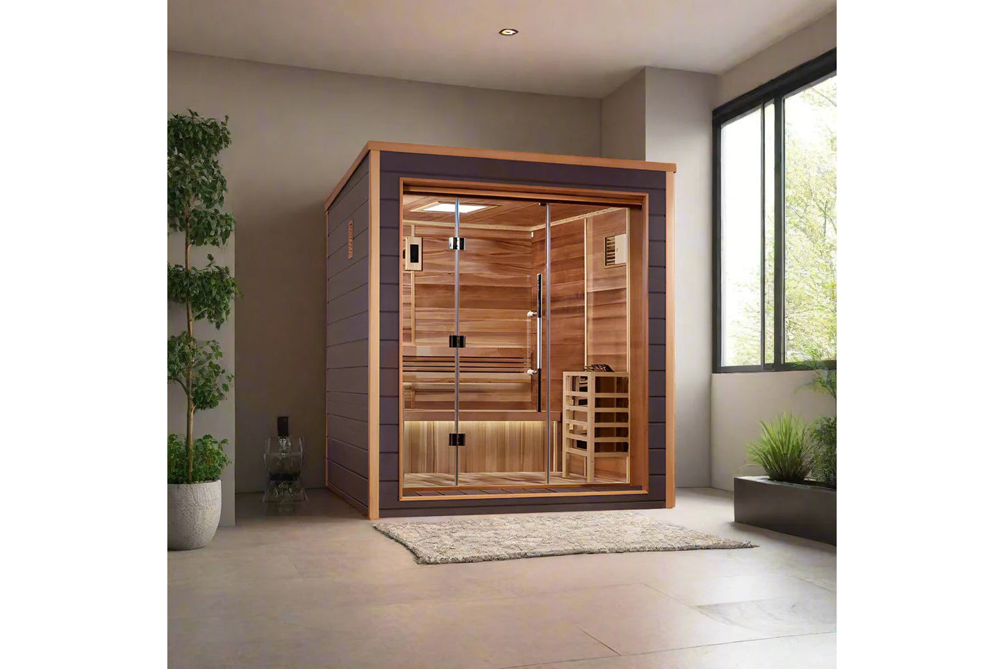Golden Designs Drammen traditional sauna with light wood interior, glass doors, and built-in benches in modern bathroom setti