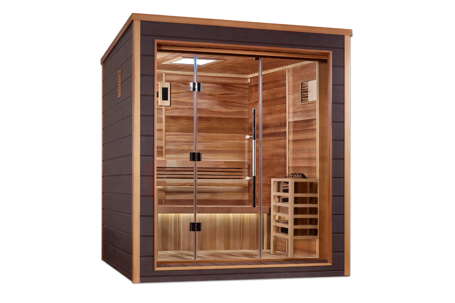 Golden Designs Drammen 3-person traditional sauna with cedar wood interior, glass doors, and dark brown exterior on white bac