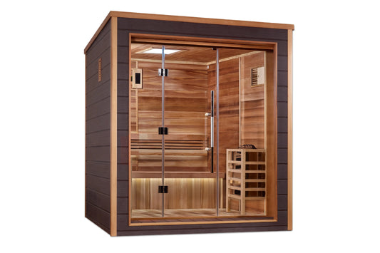 Golden Designs Drammen 3-person traditional sauna with cedar wood interior, glass doors, and dark brown exterior on white bac