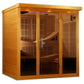 Golden cedar 6-person infrared sauna with glass and wood doors, bench seating, and control panel visible on right side