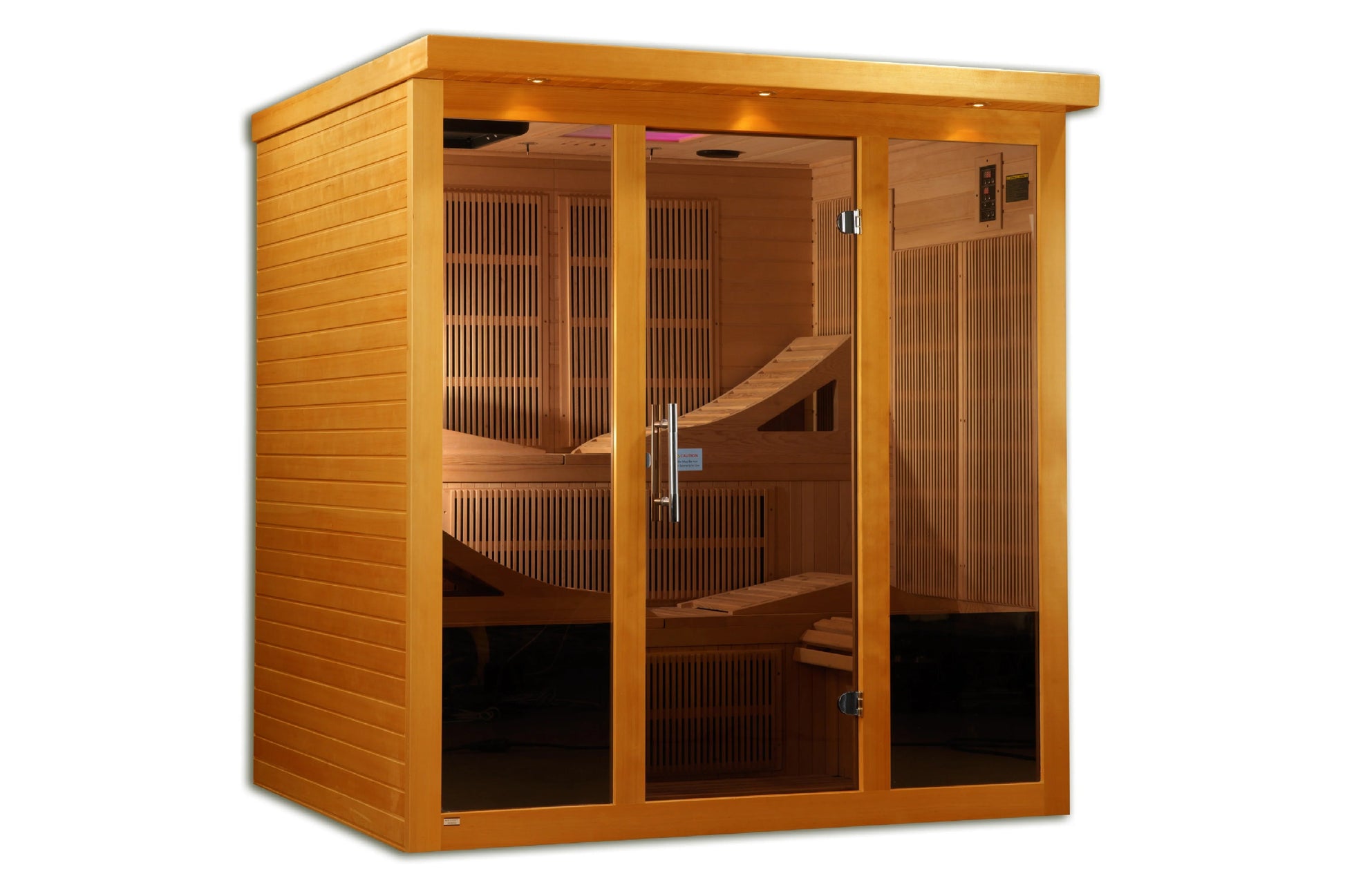 Golden cedar 6-person infrared sauna with glass and wood doors, bench seating, and control panel visible on right side