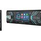 Power Acoustik single-din car stereo with touchscreen display, cyan accents, and detachable remote control on white backgroun