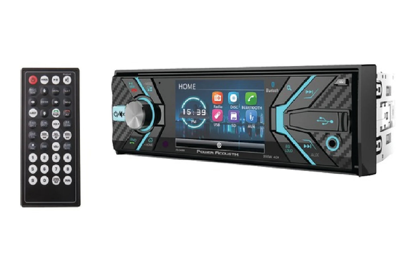 Power Acoustik single-din car stereo with touchscreen display, cyan accents, and detachable remote control on white backgroun