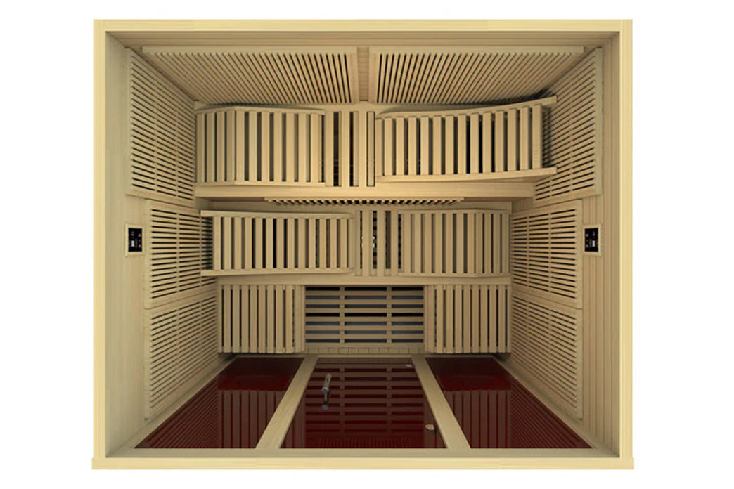 Natural wood sauna interior with light wood slats covering walls and benches, burgundy floor mat, multiple horizontal and ver