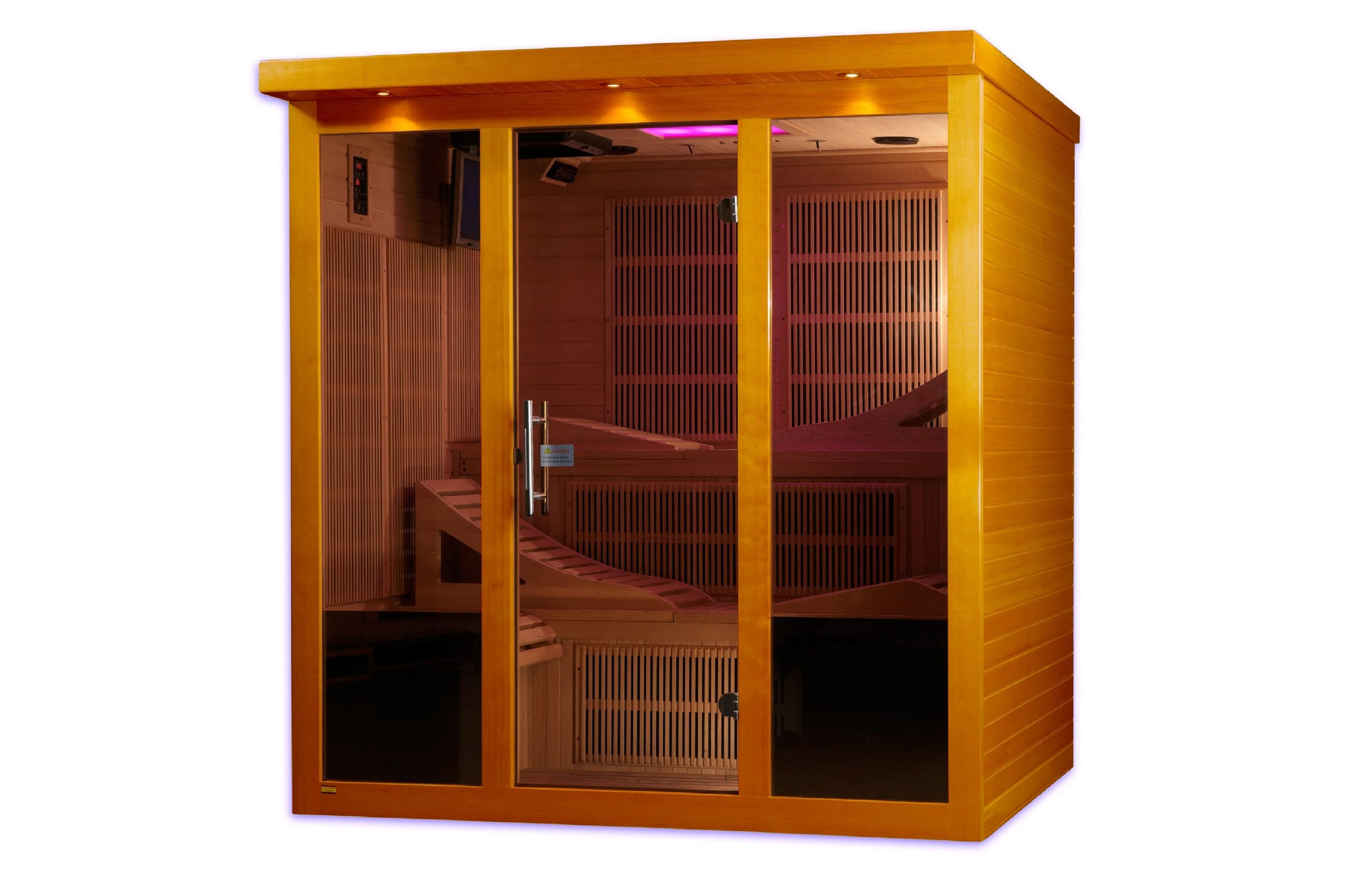 Golden yellow infrared sauna cabin with wood interior, glass doors, and bench seating, viewed against white background