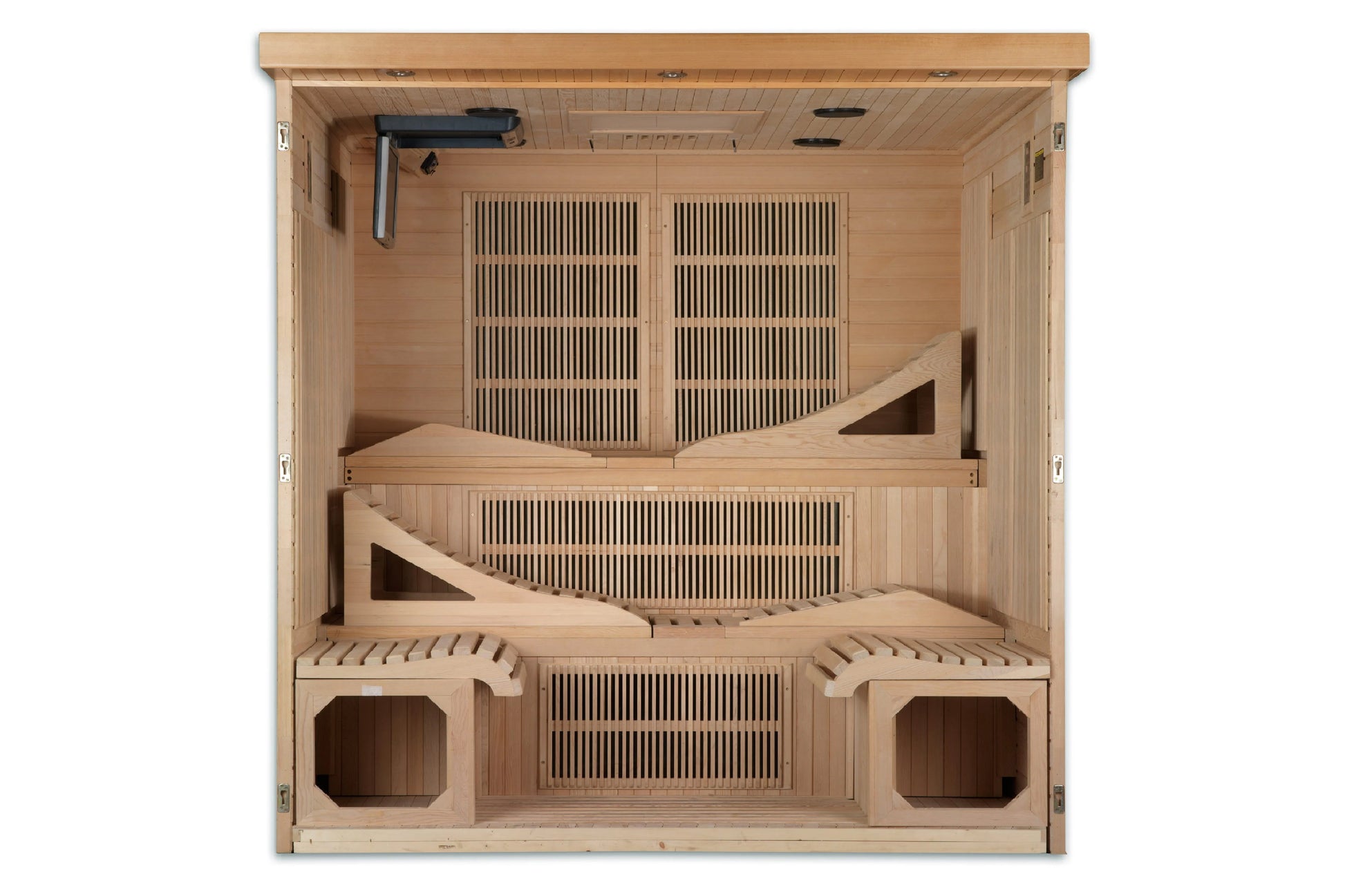 Natural wood far infrared sauna with three benches, slatted heater panels, and two lower bench compartments, viewed from fron