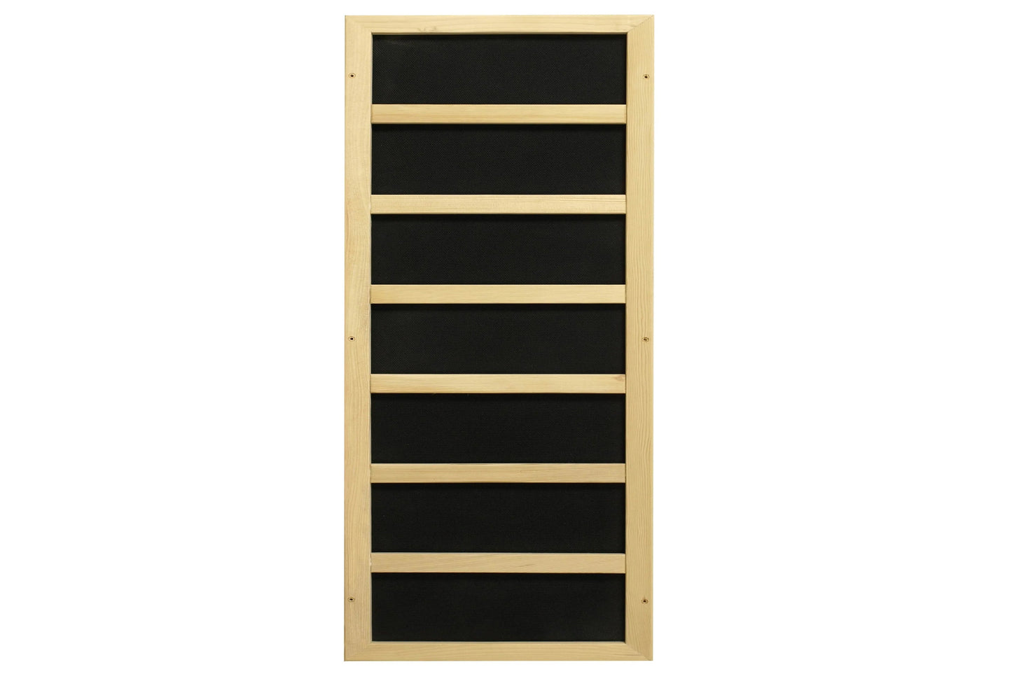 Natural wood sauna interior with seven black fabric panels separated by light wood dividers, on white background