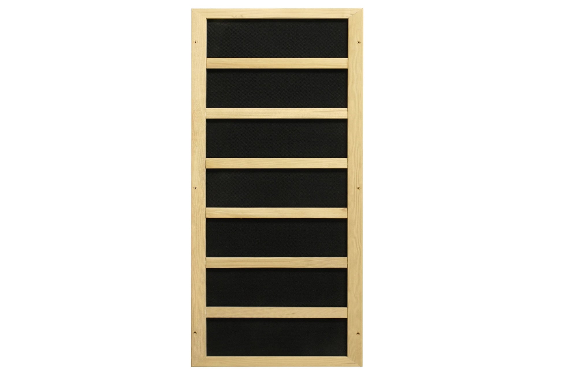 Natural wood sauna interior with seven black fabric panels separated by light wood dividers, on white background