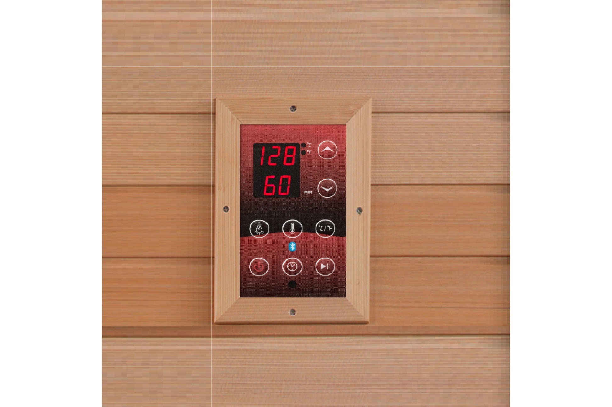 Digital sauna control panel with light wood frame mounted on wooden wall, displaying red LED temperature reading of 128 degre