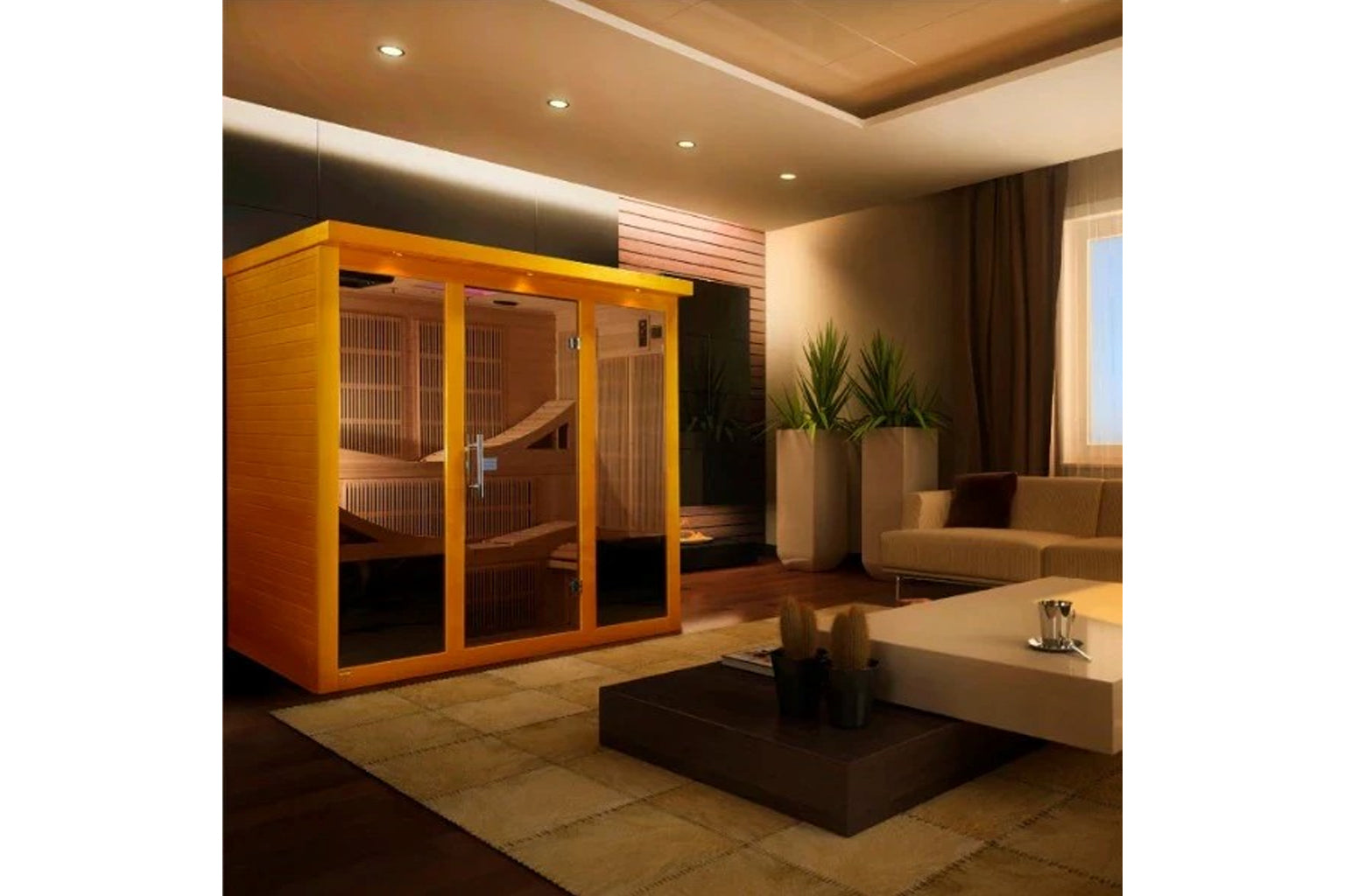 Golden wood framed sauna cabin with glass doors in modern living room setting, featuring interior wooden bench seating and in