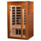 Two-person infrared sauna with cedar wood exterior, glass doors with black heating panels, digital control panel, and wooden 
