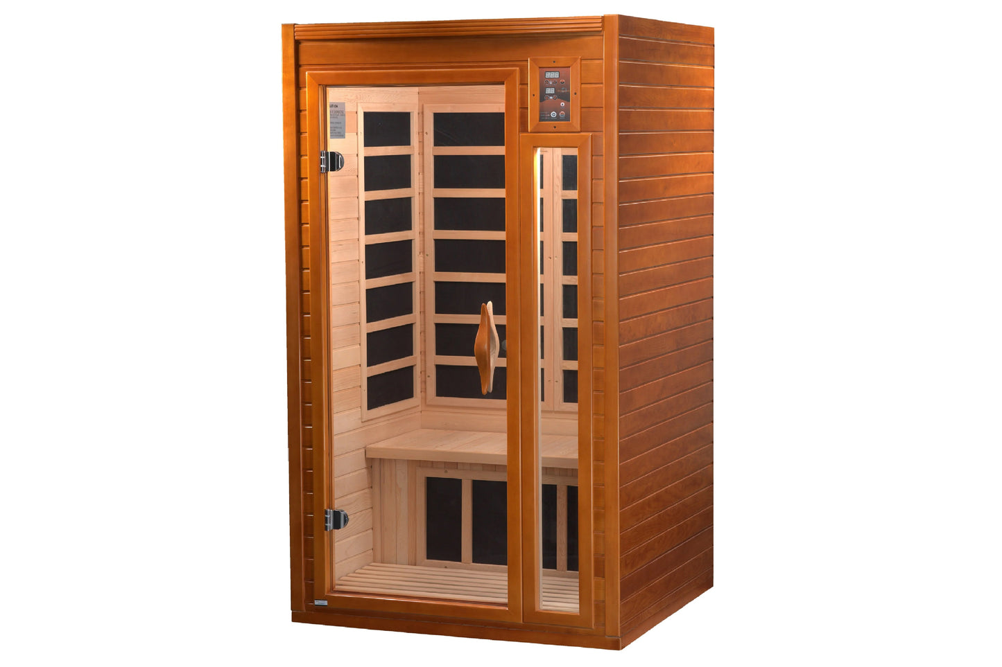 Two-person infrared sauna with cedar wood exterior, glass doors with black heating panels, digital control panel, and wooden 