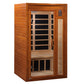 Cedar wood infrared sauna with glass door, wooden bench, and digital control panel on right side