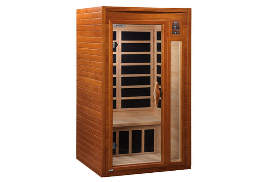 Cedar wood infrared sauna with glass door, wooden bench, and digital control panel on right side