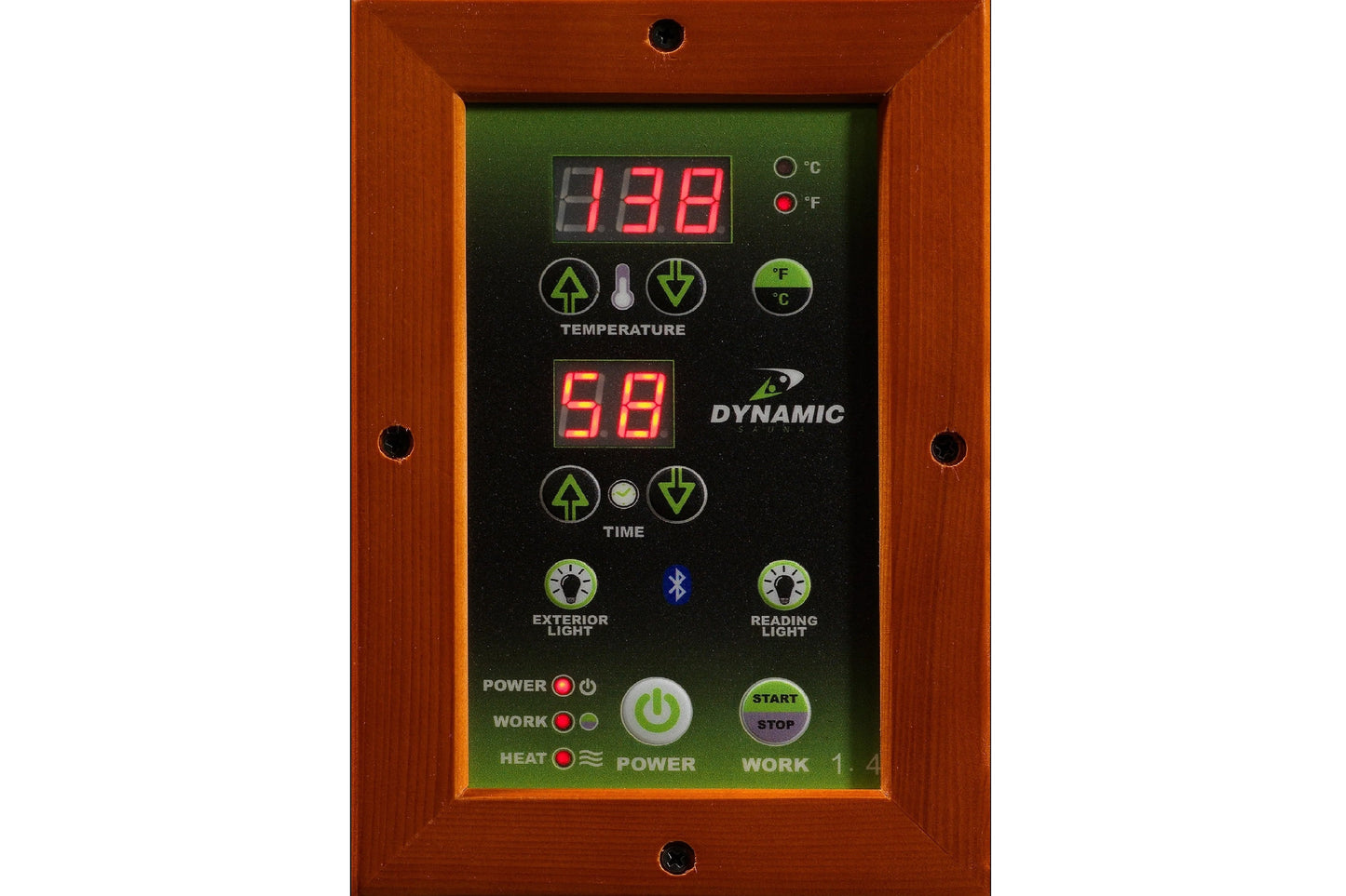 Digital control panel with wood frame displaying temperature 138°F, time 58 minutes, and buttons for exterior light, reading 