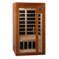 Cedar wood infrared sauna cabin with glass double doors, interior bench seating, and digital control panel on white backgroun