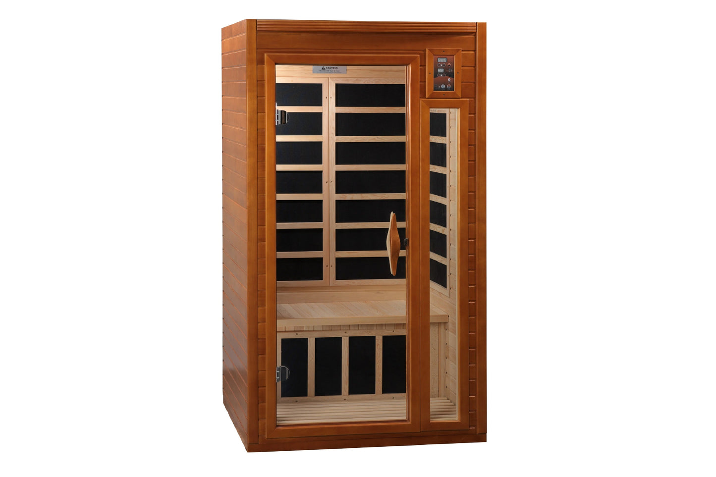 Cedar wood infrared sauna cabin with glass double doors, interior bench seating, and digital control panel on white backgroun