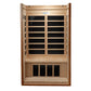 Far infrared sauna cabinet with natural wood frame, black glass panels on front doors, and bench seat inside, front view on w