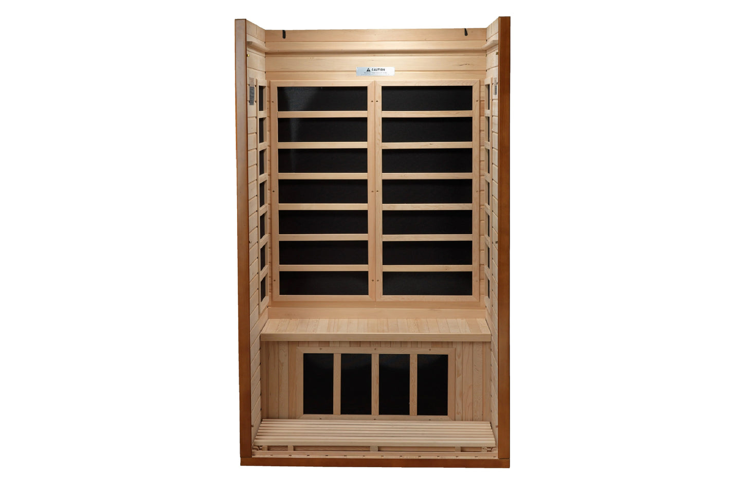 Far infrared sauna cabinet with natural wood frame, black glass panels on front doors, and bench seat inside, front view on w