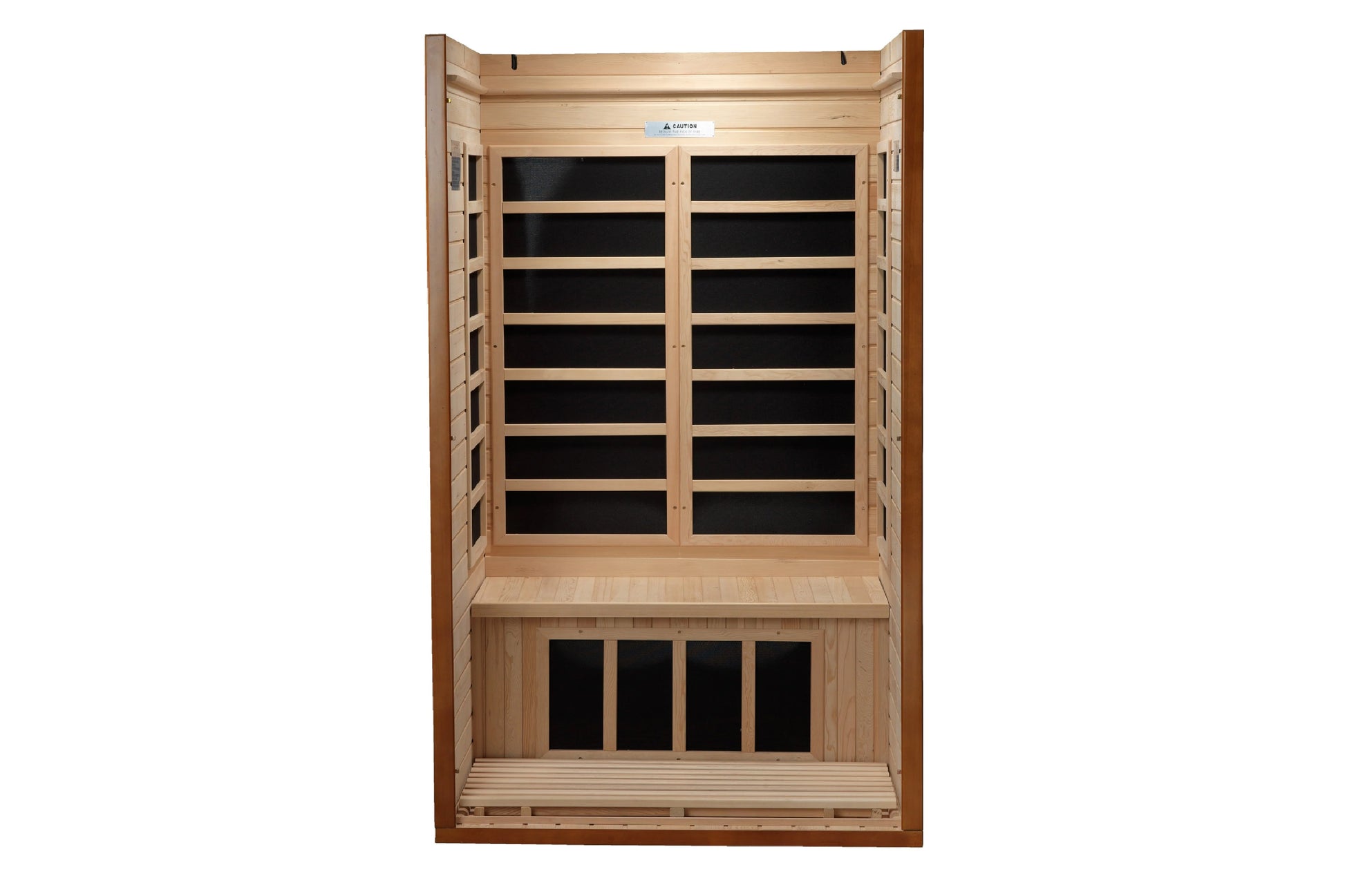 Far infrared sauna cabinet with natural wood frame, black glass panels on front doors, and bench seat inside, front view on w