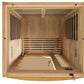 Interior overhead view of wooden sauna cabin with cedar wood construction, infrared heater panels on walls, slatted ceiling, 