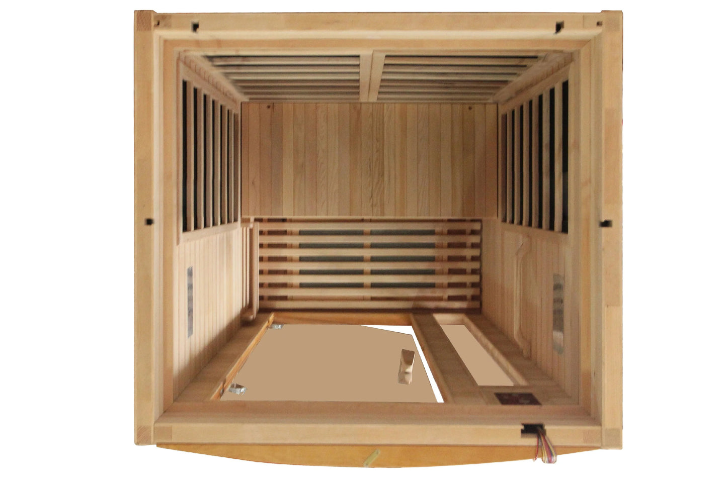 Interior overhead view of wooden sauna cabin with cedar wood construction, infrared heater panels on walls, slatted ceiling, 