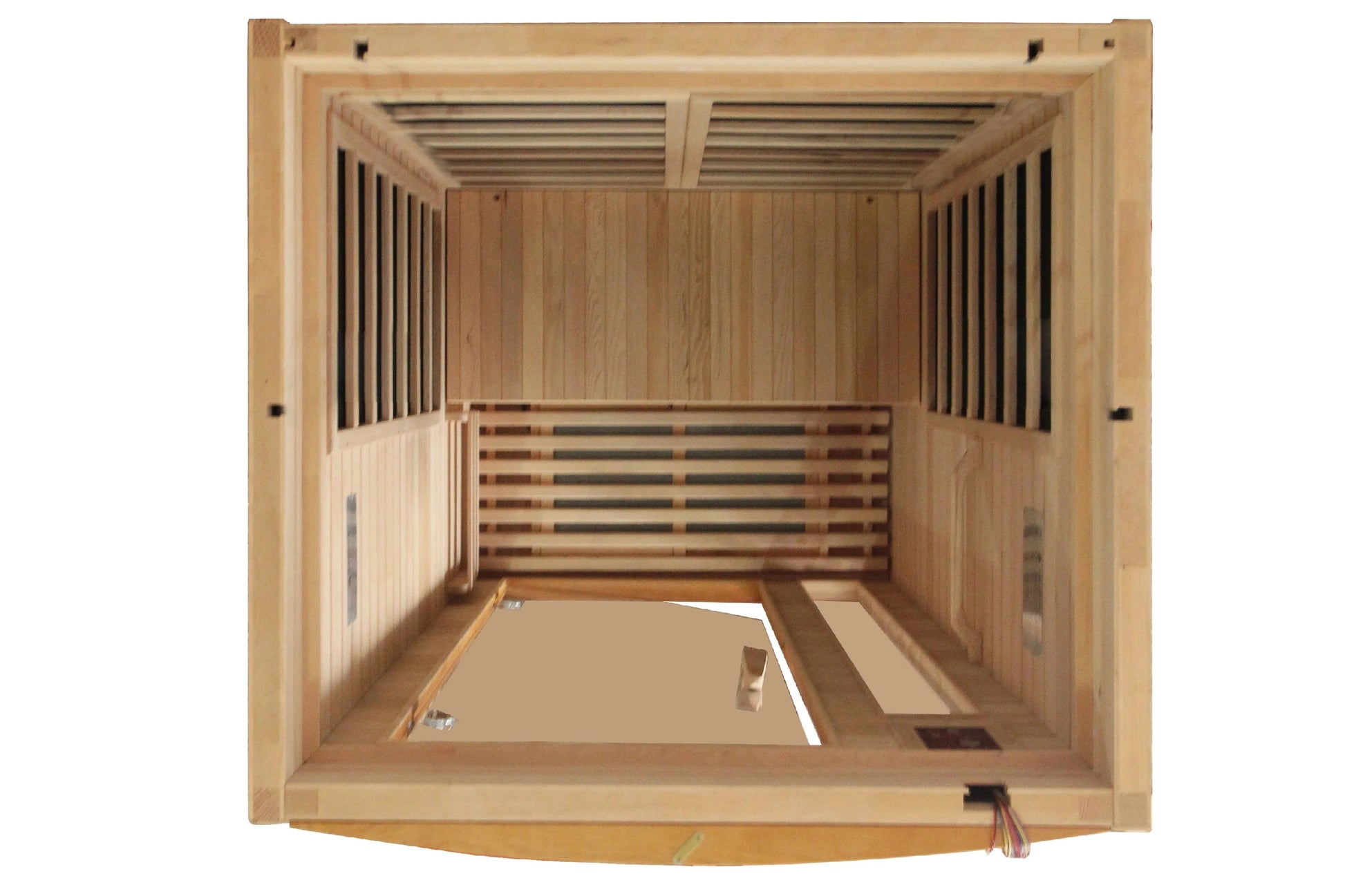 Interior overhead view of wooden sauna cabin with cedar wood construction, infrared heater panels on walls, slatted ceiling, 