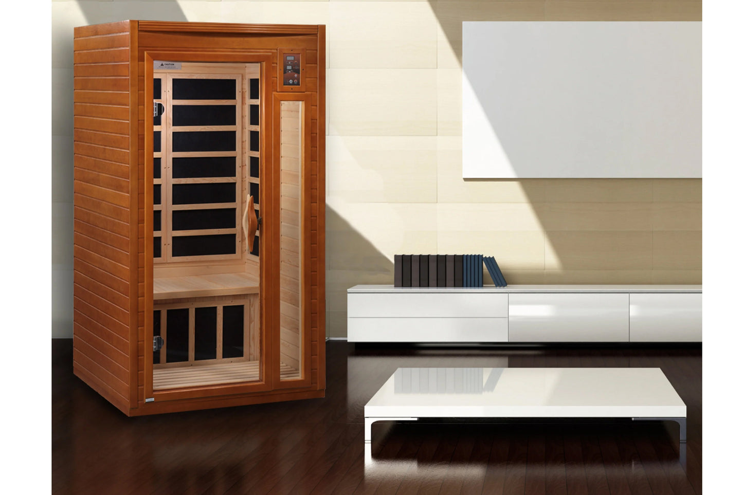 Cedar wood infrared sauna with glass door, black heater panels visible inside, digital control panel, and light wood interior