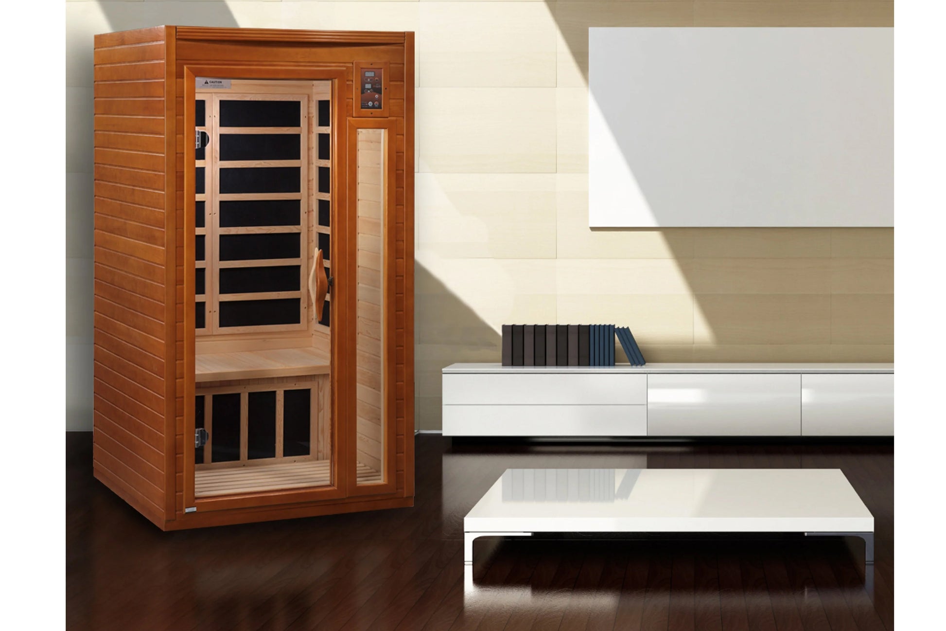 Cedar wood infrared sauna with glass door, black heater panels visible inside, digital control panel, and light wood interior