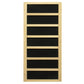 Natural wood sauna door with black glass panels and horizontal wood dividers, front view on white background