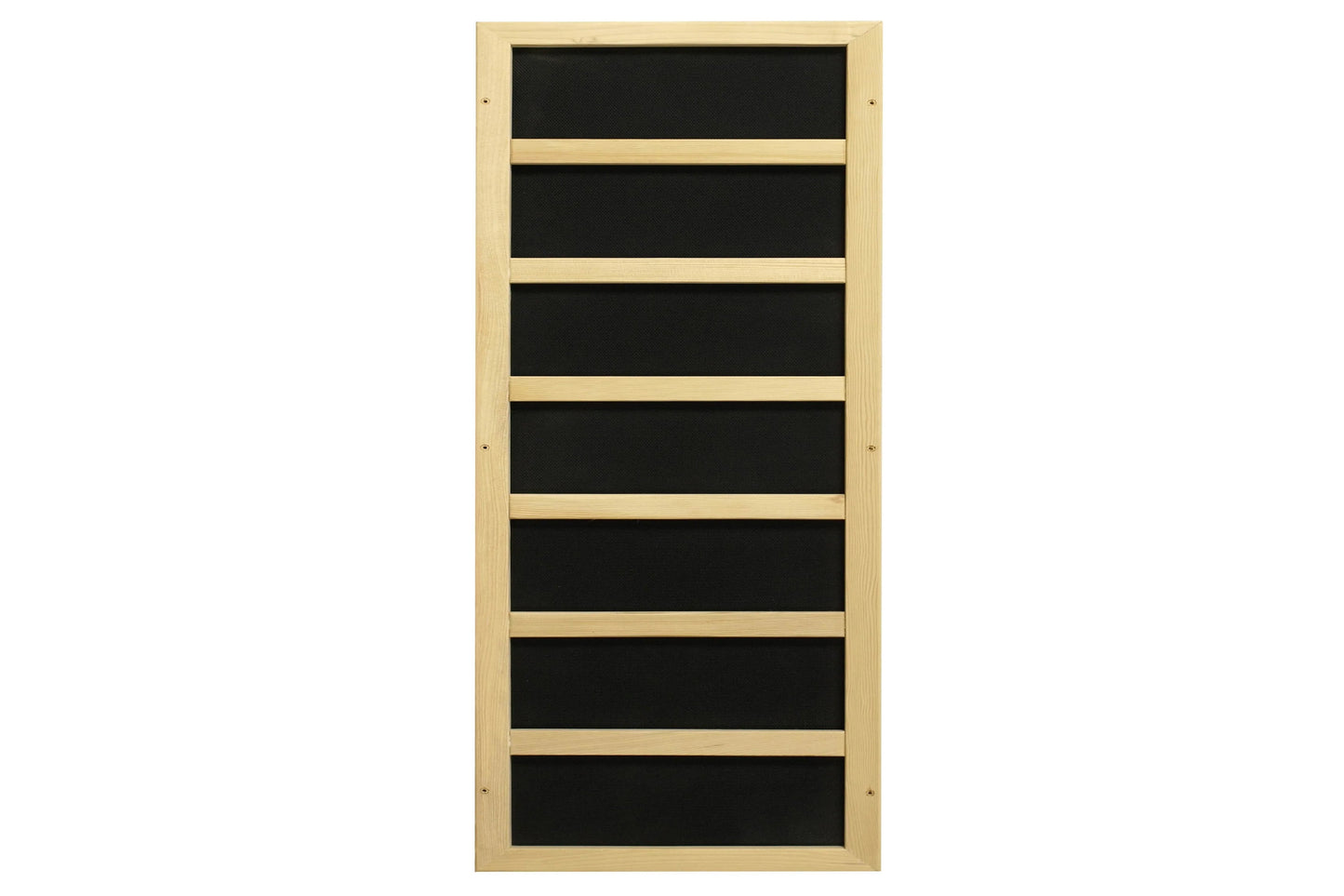 Natural wood sauna door with black glass panels and horizontal wood dividers, front view on white background