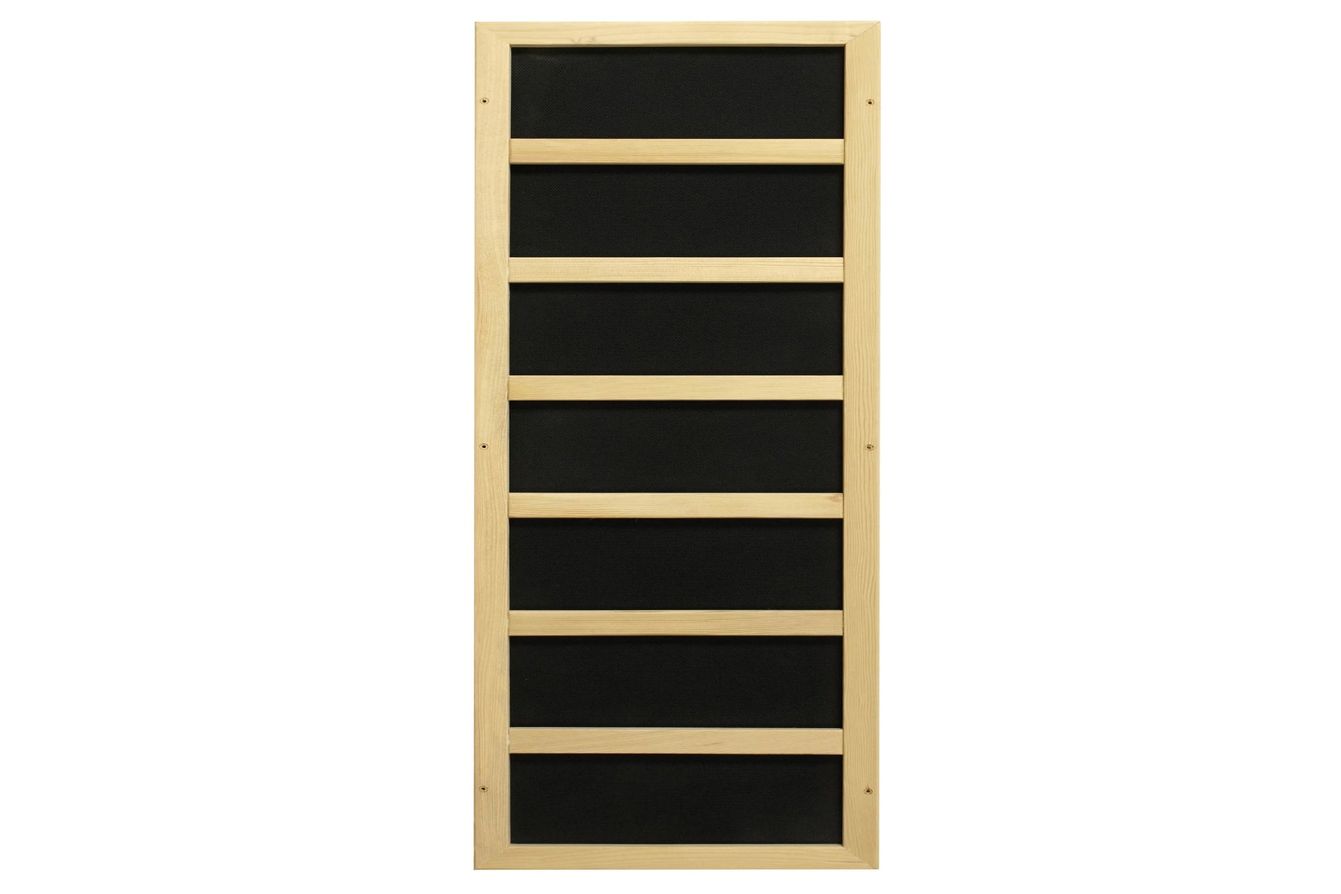 Natural wood sauna door with black glass panels and horizontal wood dividers, front view on white background