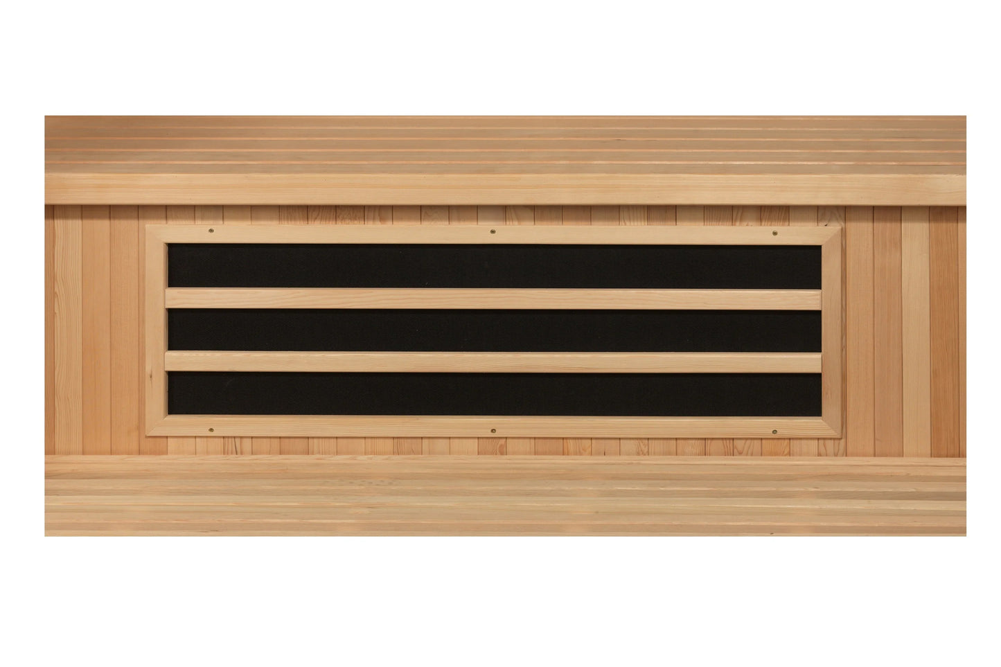Natural cedar sauna with three black horizontal vents on front panel, flat lay view
