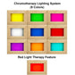 Chromotherapy lighting system with nine color options displayed in wooden panels: yellow, green, magenta, white, blue, red, p