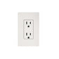 White dual electrical outlet with two receptacles on beige wall plate on white background