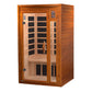 Two-person far infrared sauna with medium cedar wood construction, glass double doors, black interior panels, digital control