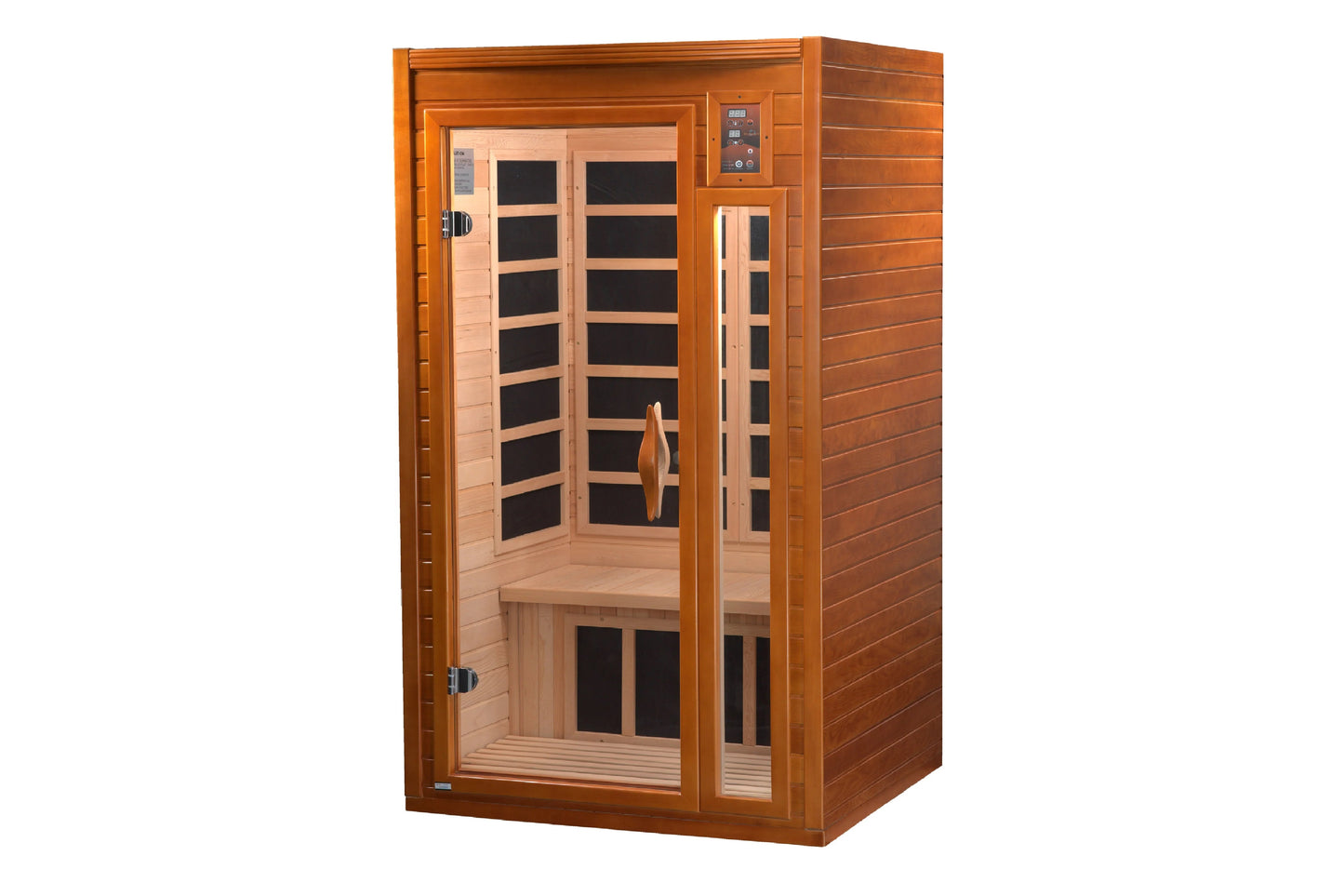 Two-person far infrared sauna with cedar wood construction, glass doors, black interior heating panels, and digital control p