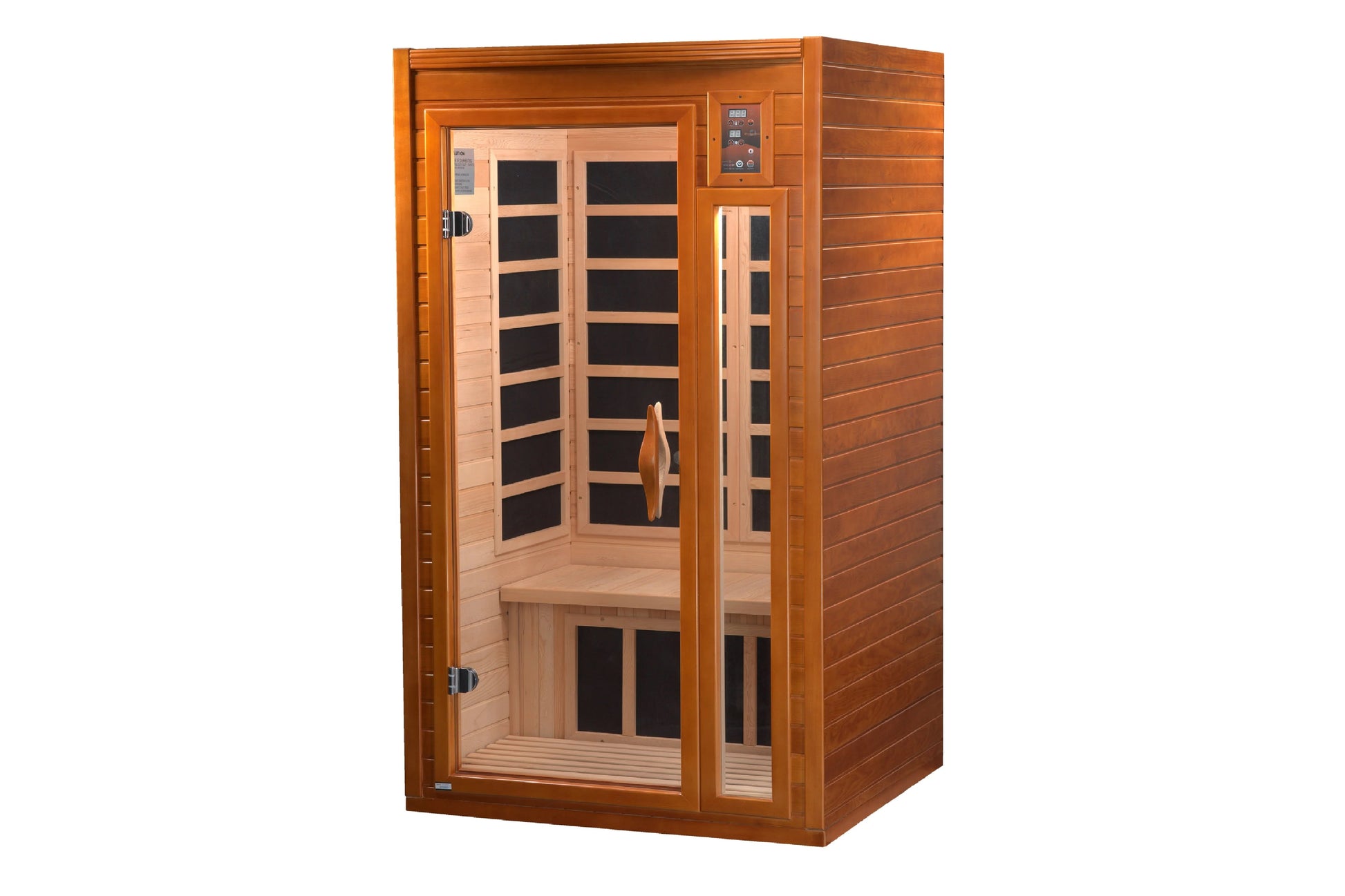 Two-person far infrared sauna with cedar wood construction, glass doors, black interior heating panels, and digital control p