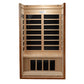 Natural wood infrared sauna with two-person capacity, featuring glass front doors with black panel inserts, wooden benches, a