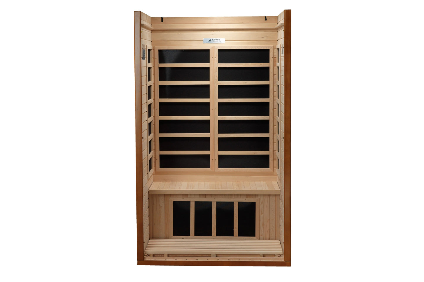 Natural wood infrared sauna with two-person capacity, featuring glass front doors with black panel inserts, wooden benches, a