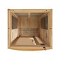 Interior view of wooden sauna cabin with cedar construction, bench seating, and ventilation louvers on white background