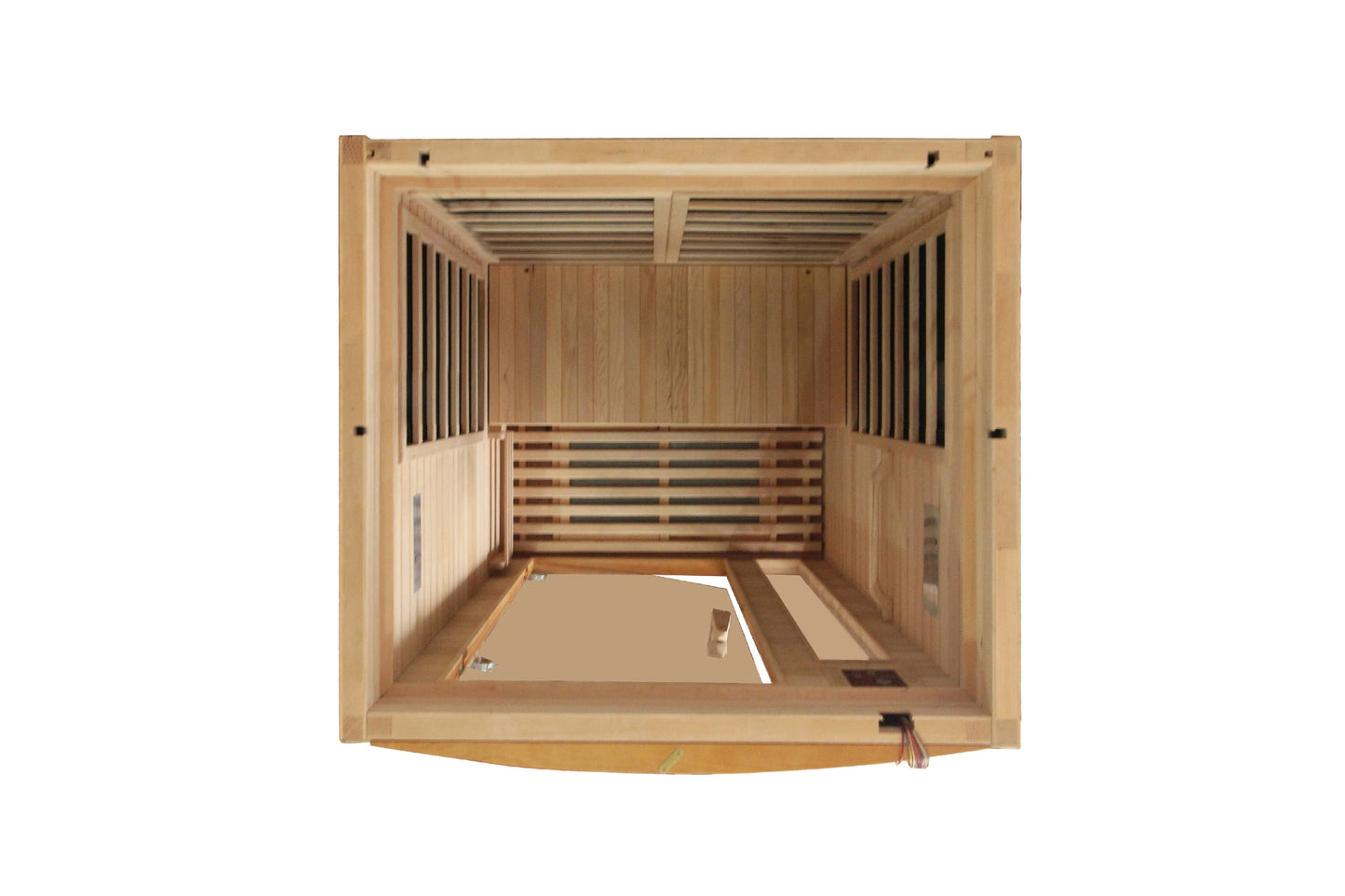 Interior view of wooden sauna cabin with cedar construction, bench seating, and ventilation louvers on white background