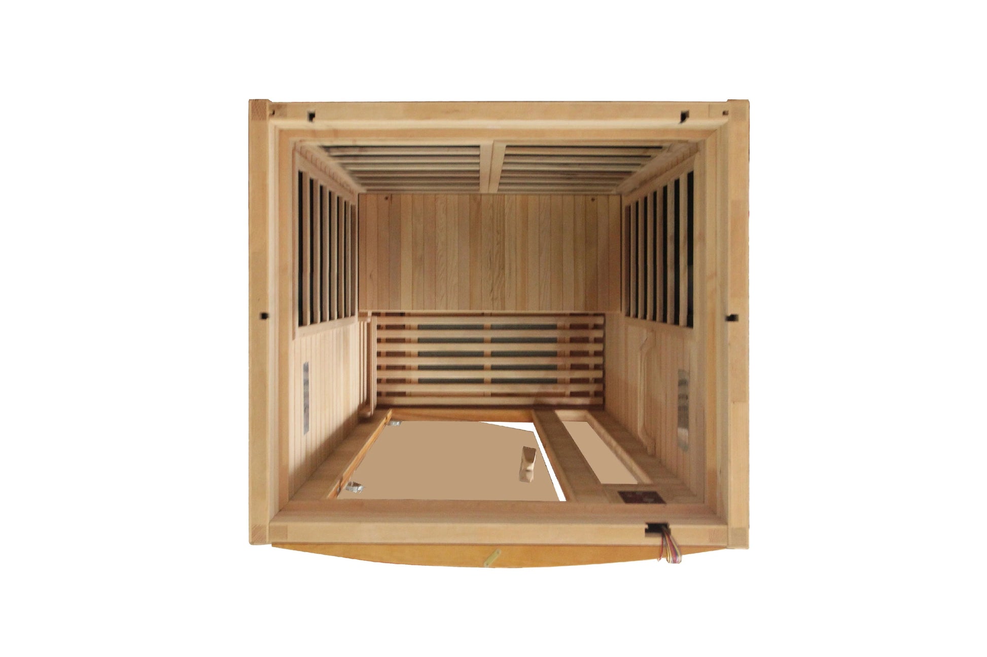 Interior view of wooden sauna cabin with cedar construction, bench seating, and ventilation louvers on white background