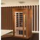 Cedar infrared sauna cabin with glass door and control panel, displayed in showroom with wooden slat walls