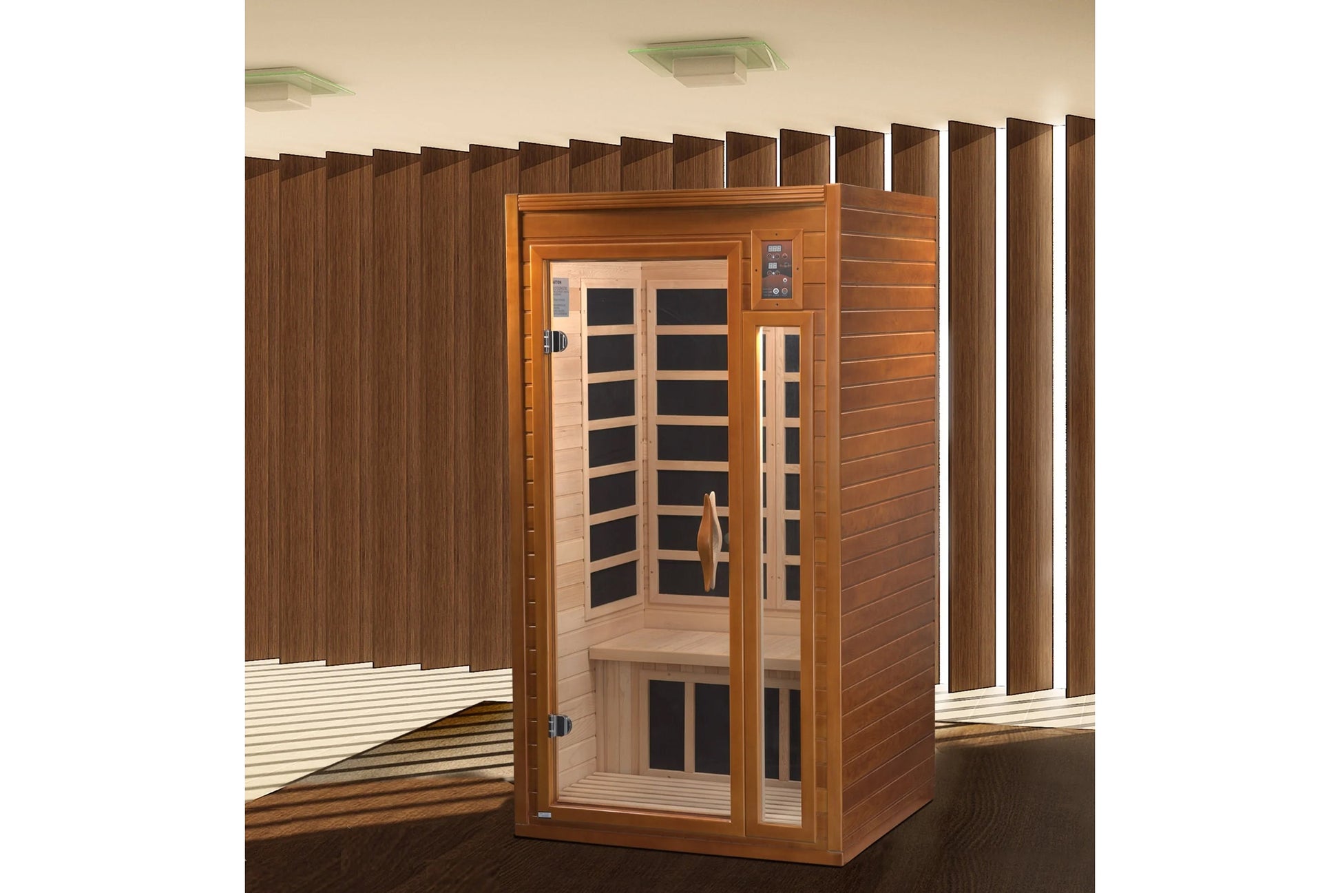 Cedar infrared sauna cabin with glass door and control panel, displayed in showroom with wooden slat walls