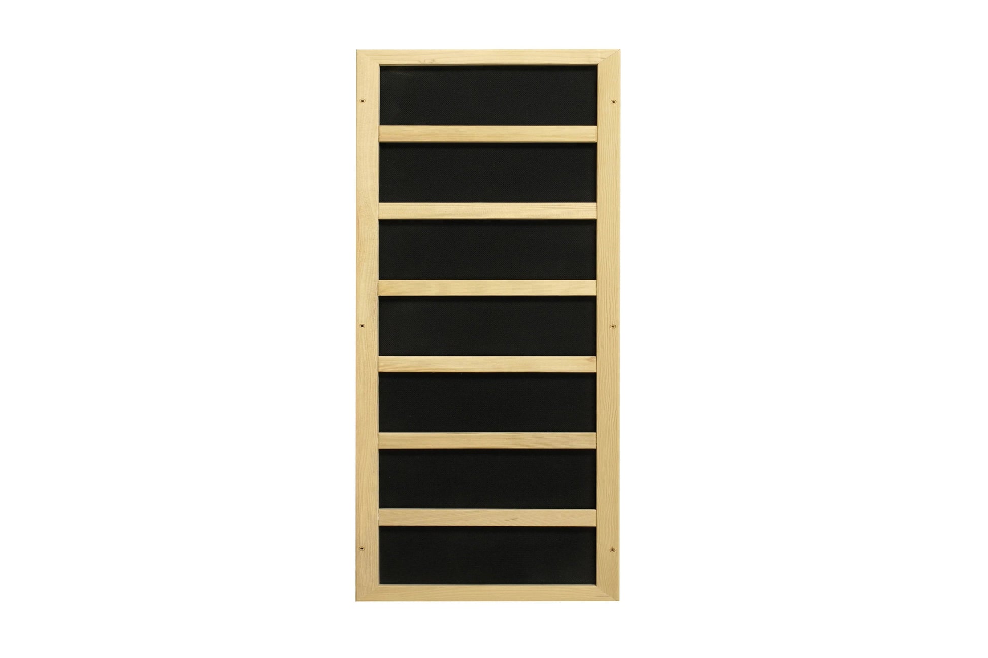Natural wood sauna panel with seven black horizontal heating elements separated by light wood dividers, on white background