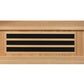 Cedar sauna interior with three black infrared heating panels and horizontal wood slats, mounted on natural wood wall