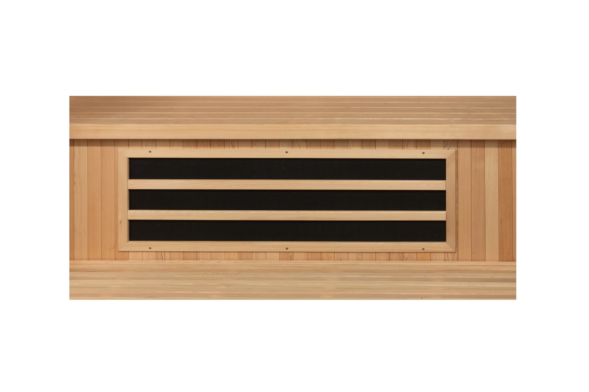 Cedar sauna interior with three black infrared heating panels and horizontal wood slats, mounted on natural wood wall