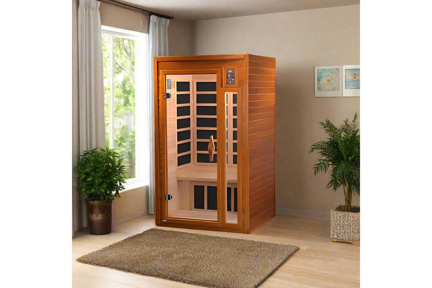 Cedar wood infrared sauna with glass door and black interior panels in home room setting