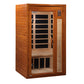 Dynamic Barcelona Elite infrared sauna with cedar wood construction, glass door panel, and digital control panel on white bac
